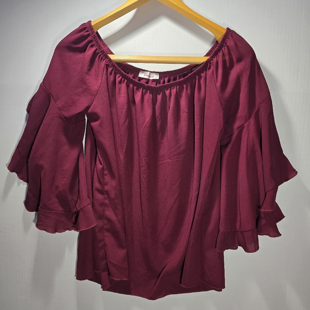 Vince Burgandy 3/4 Sleeve Tiered Bubble size Large BOHO chic Whimsical Flowing